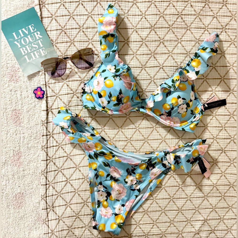 Victoria's Secret Blue Lemon Ruffle Bikini Set— Underwire Top/Brazilian Bottom 🍋